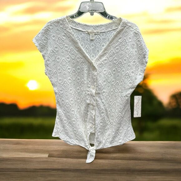 NEW French Laundry Button Down Ivory Lace Knit Blouse Tie Front - Size Small - Picture 1 of 11